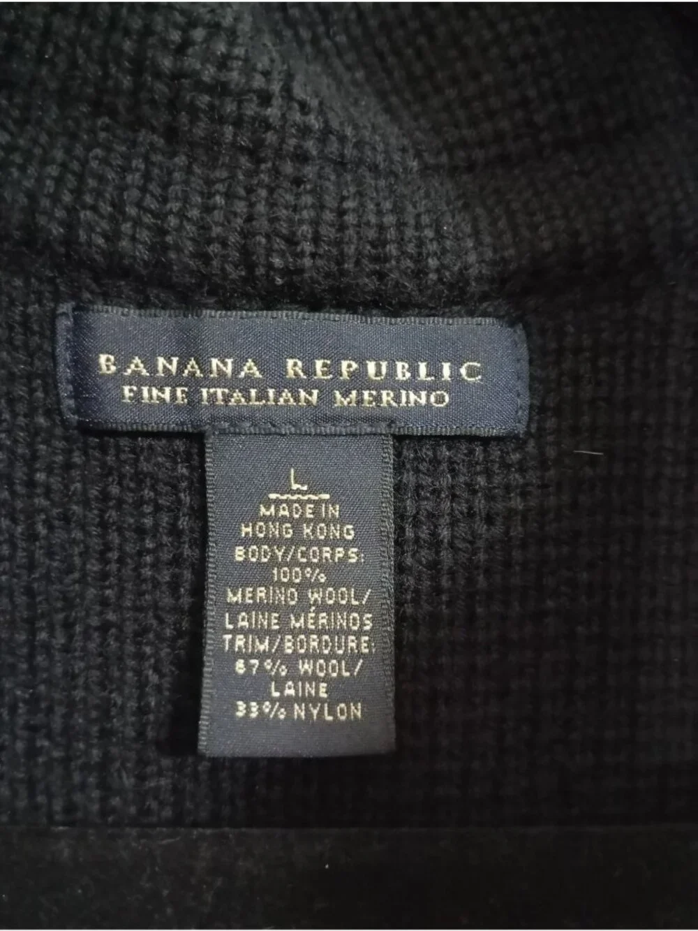 Banana Republic Mens Black Full-Zip Ribbed Knit Sweater size L Merino 100% Wool
